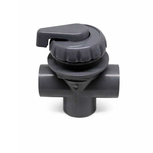 Desviador de 1 pulgada para spa y tina con hidromasaje, vista frontal, válvula para control de flujo en sistemas hidráulicos.