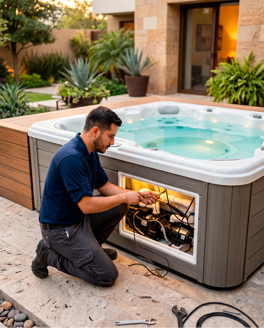 Técnico certificado de Servicio Total conectando un spa AQUASPA