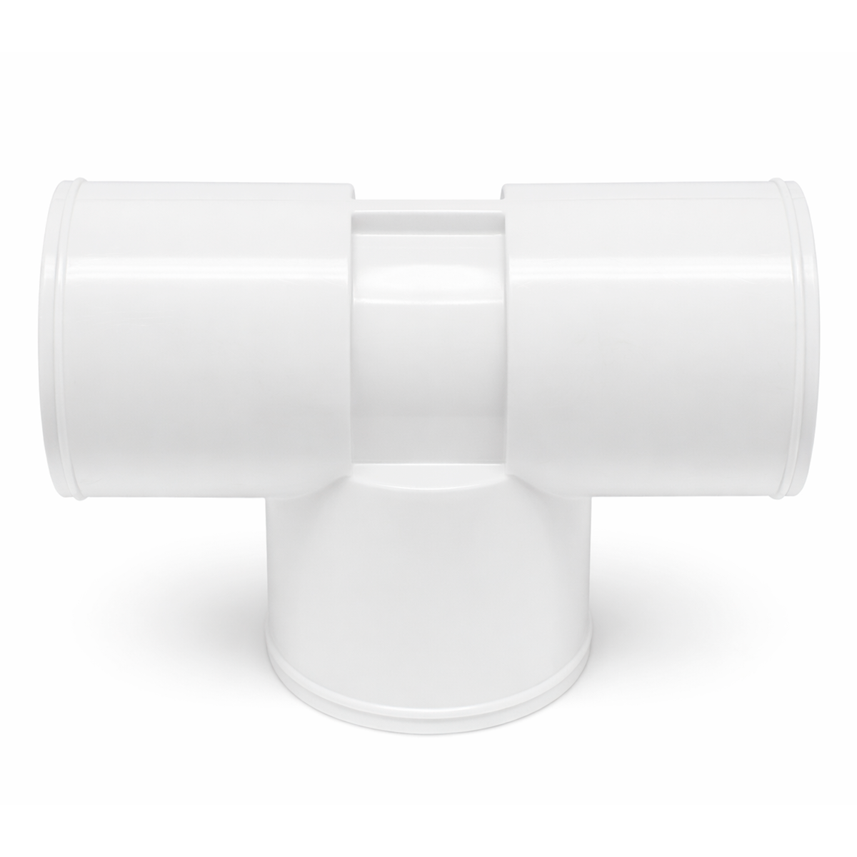 Tee de PVC blanca de 1.5 pulgadas (3.81 cm) para conexión hidráulica, vista frontal, ideal para sistemas de spa, jacuzzi y tubería de agua.
